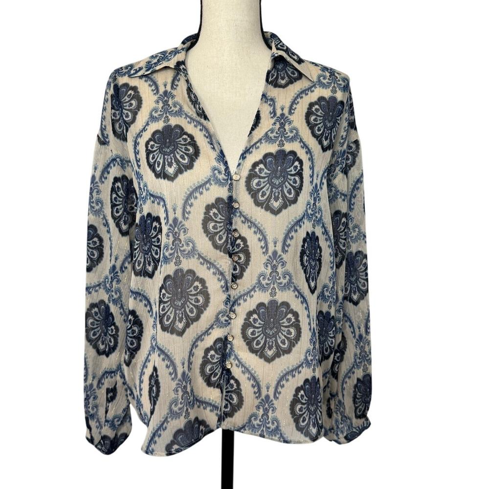 Zara Tops Women's Small Long Sleeve Button Up Blouse Collar Gold/Blue/Beige
